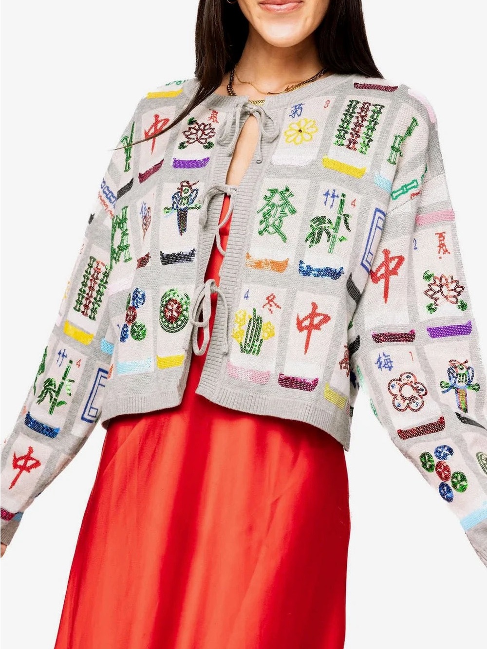 QUEEN OF SPARKLES Embroidered Tile Cardigan Jacket - Light Gray